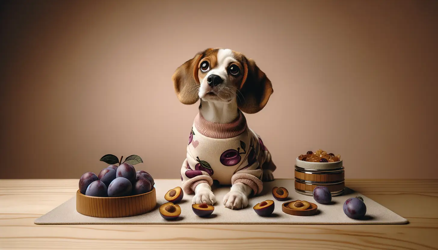 A dog with an unsure expression looking at plum, indicating caution for dog consumption.