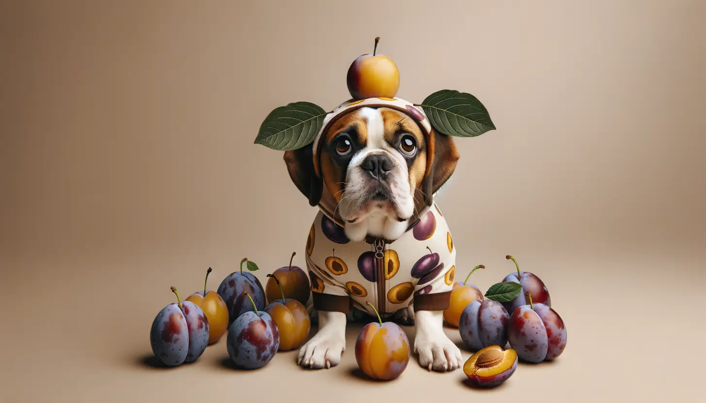 A dog with a concerned expression looking at plums, indicating it's toxic for dogs.