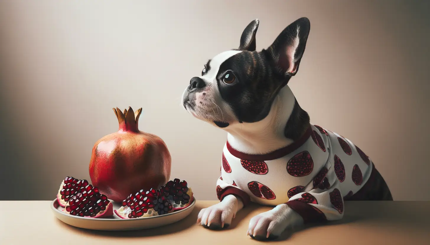 A dog with a curious expression looking at pomegranate seeds, indicating moderate safety for dogs.