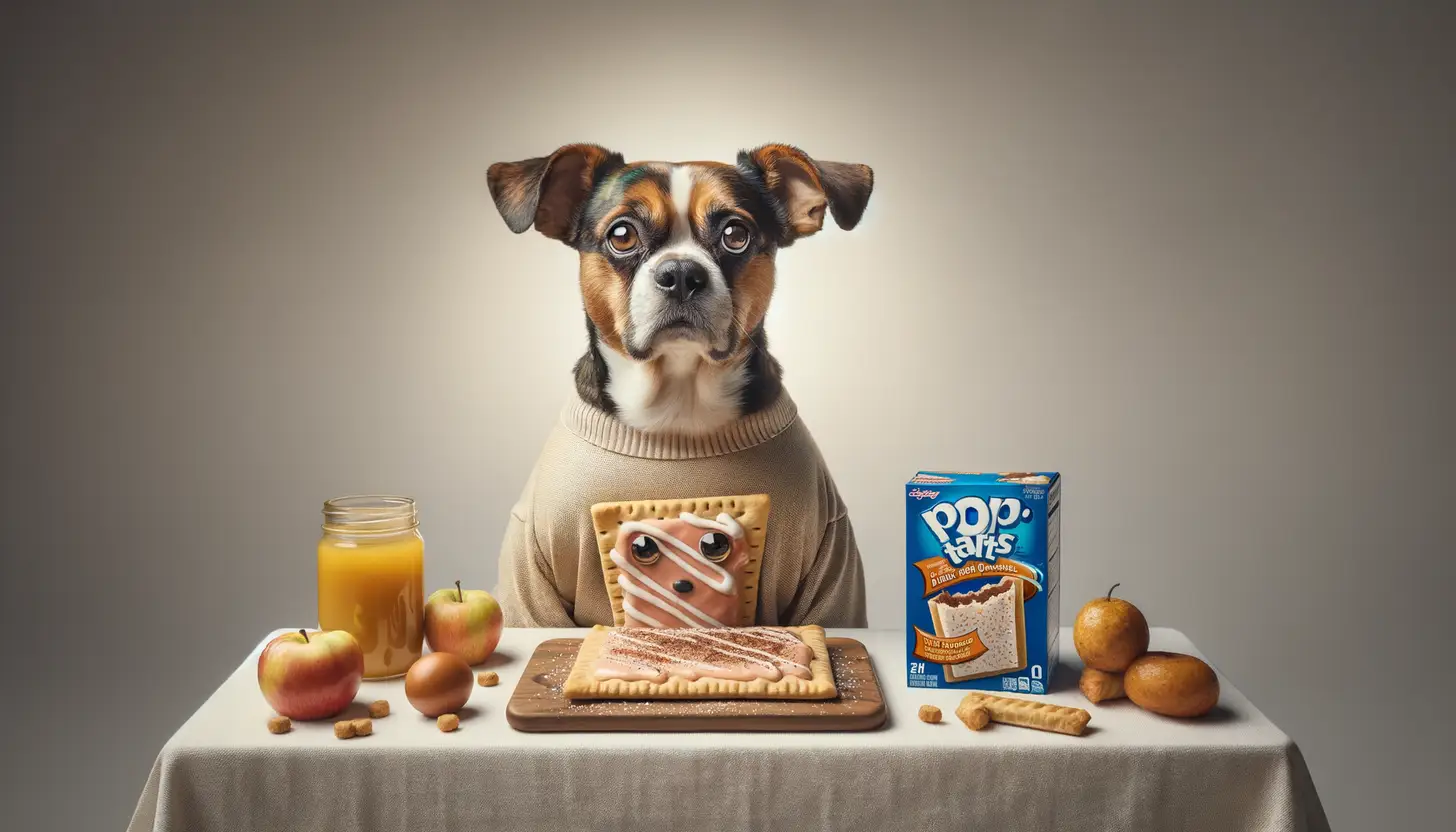 A dog with a wary expression looking at pop tarts, showing they are harmful to dogs.