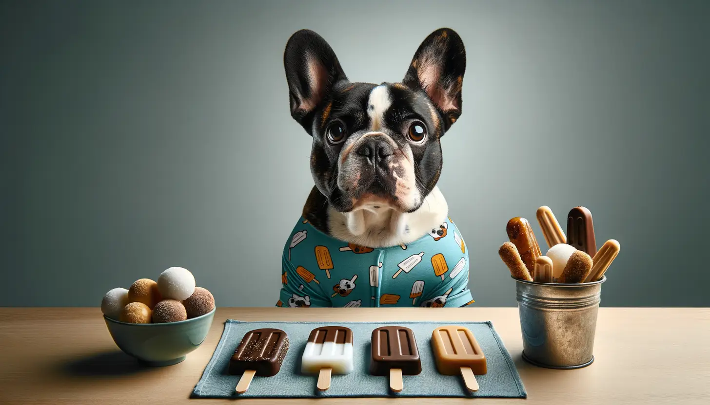 A dog with an unsure expression looking at popsicles, indicating caution for dog consumption.