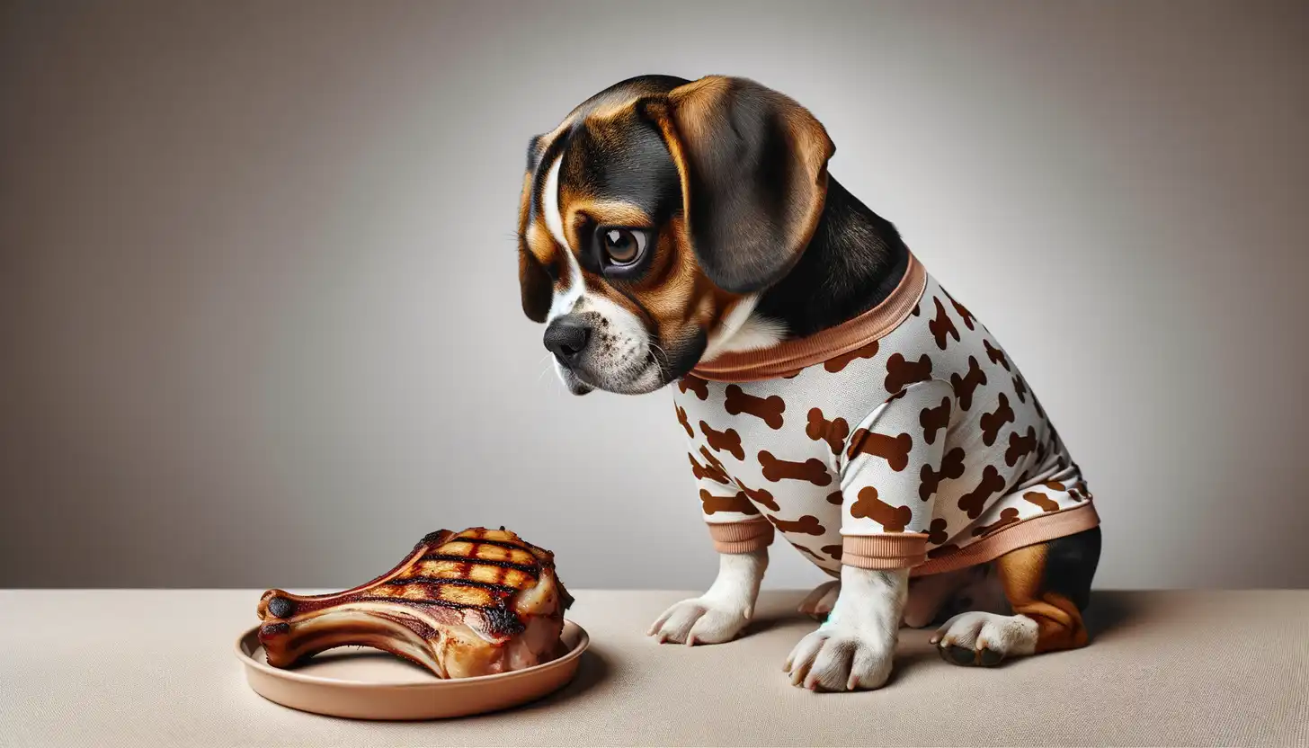 A dog with a wary expression looking at pork chop bones, showing they are harmful to dogs.