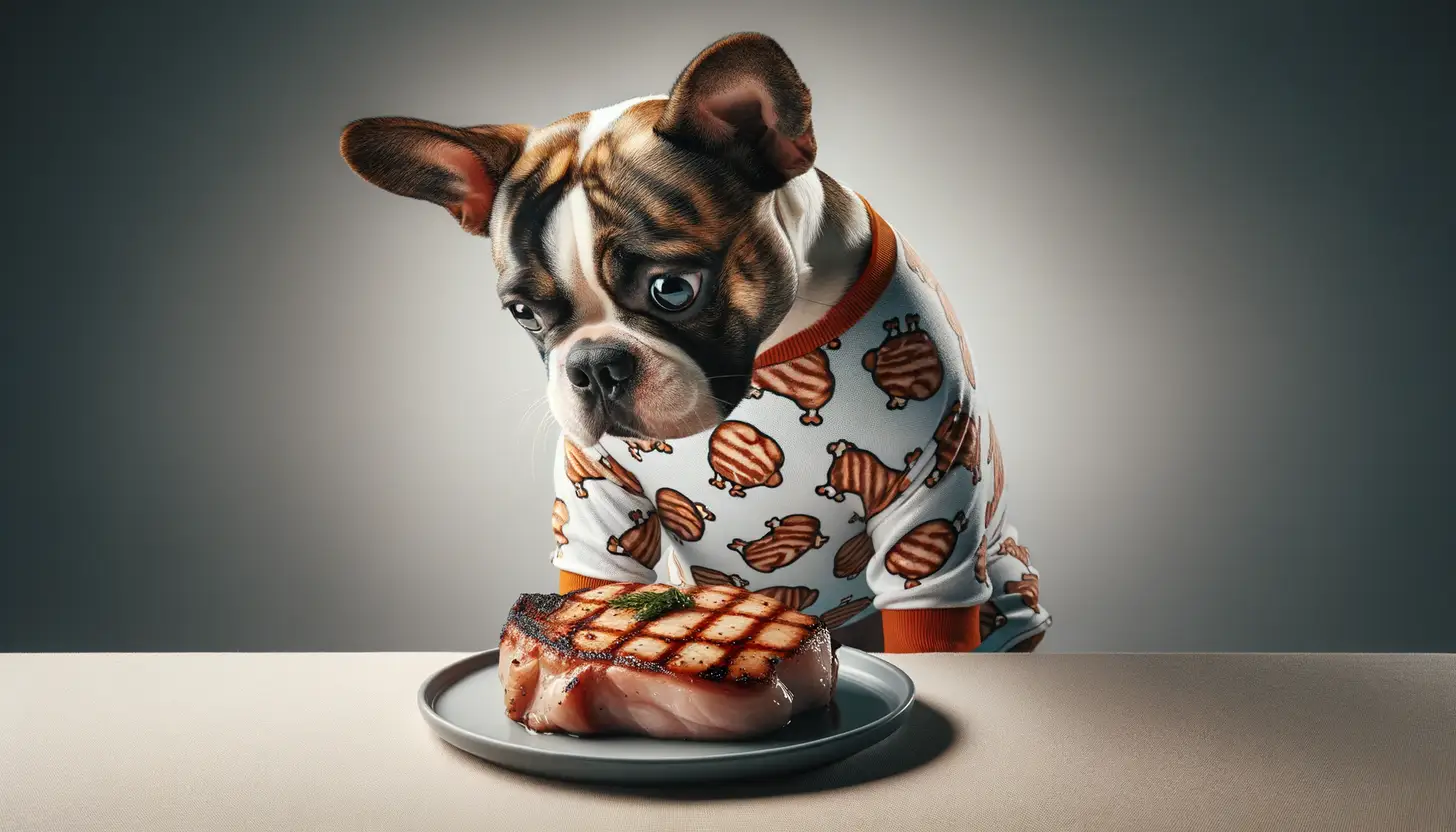 A dog with a curious expression looking at pork chops, indicating moderate safety for dogs.