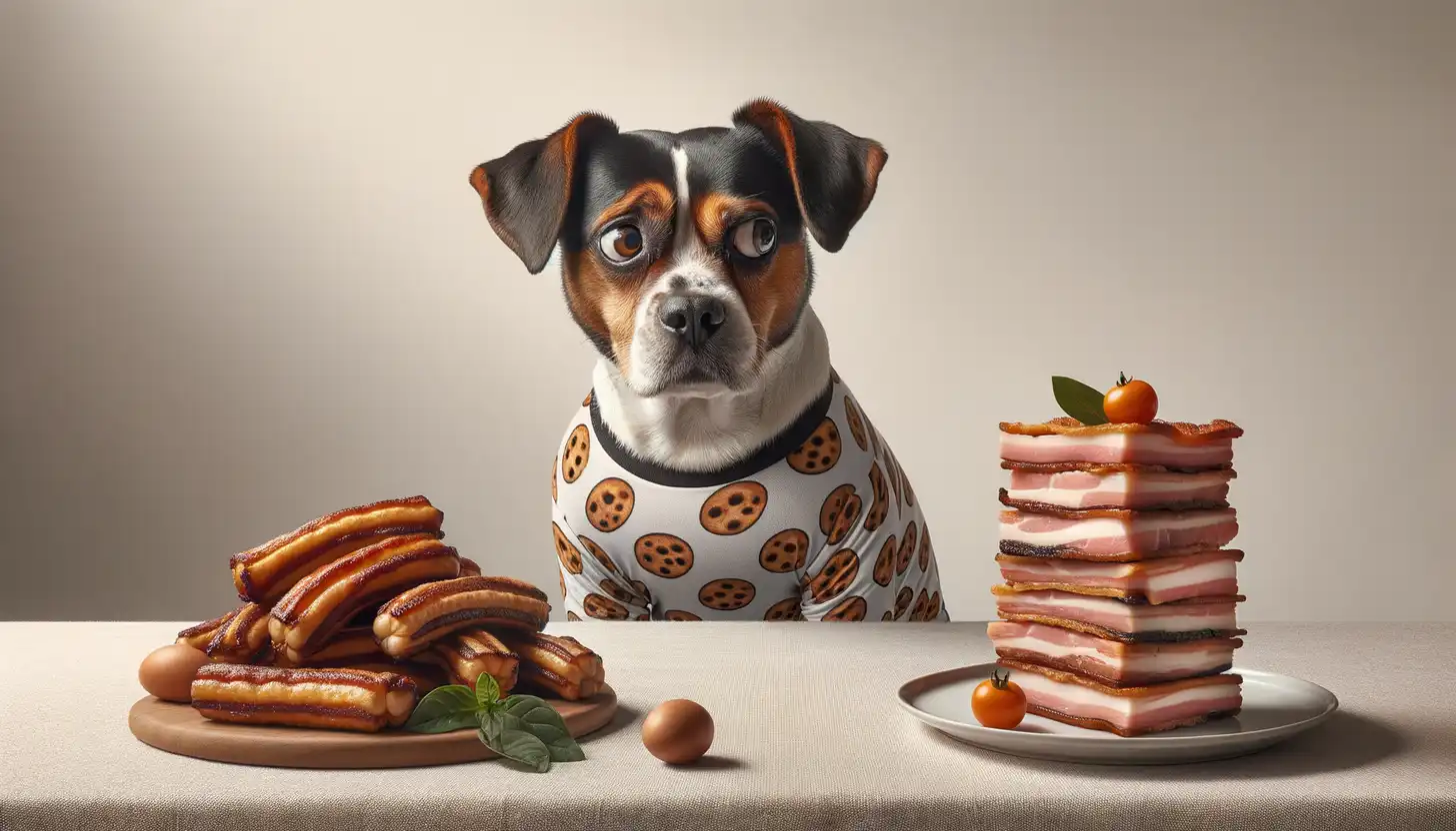 A dog with a wary expression looking at pork crackle, showing they are harmful to dogs.