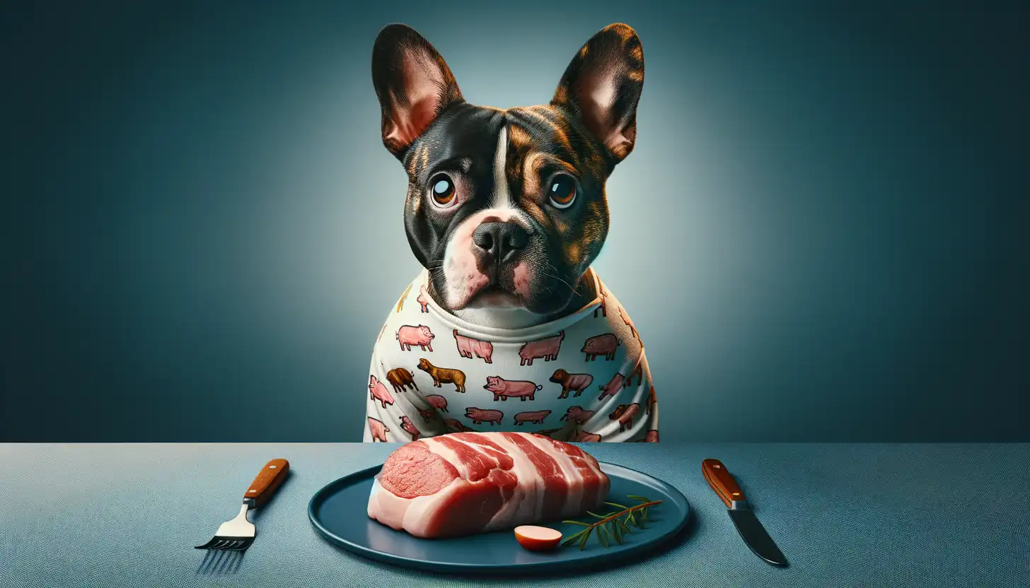 A dog with a curious expression looking at pork meat, indicating moderate safety for dogs.