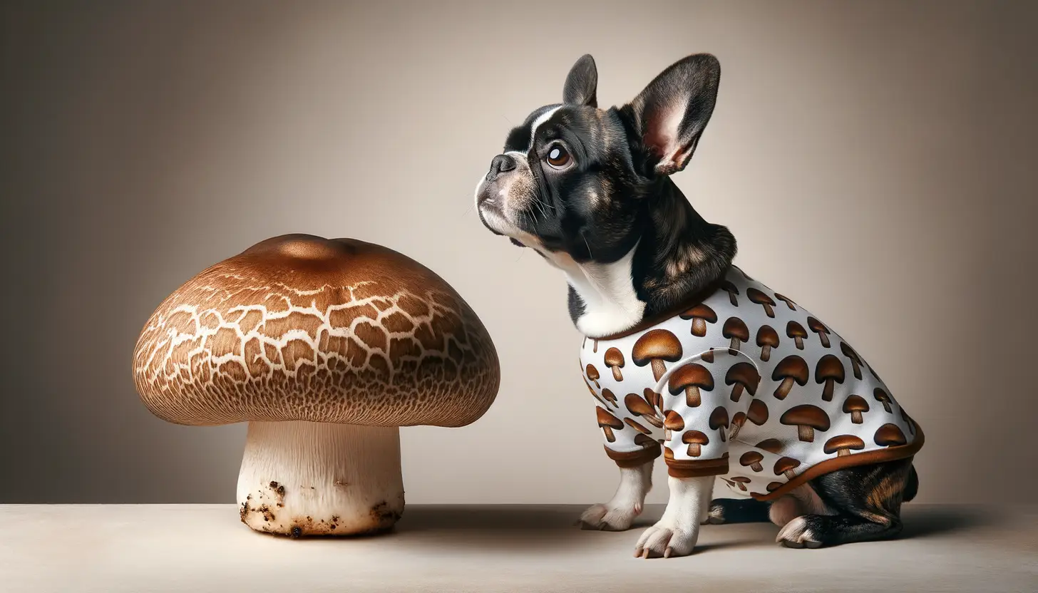 A dog with a curious expression looking at portobello mushrooms, indicating moderate safety for dogs.