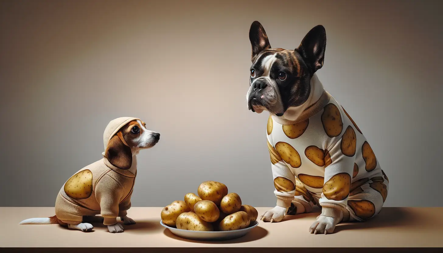 A dog with a wary expression looking at potato peels, showing they are harmful to dogs.