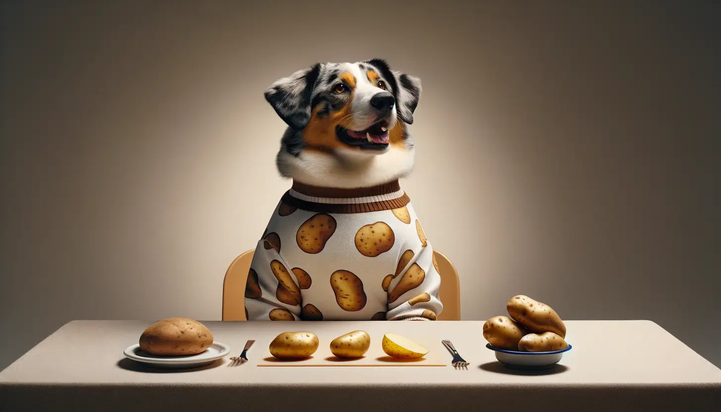 A dog with a happy expression looking at potato, highlighting healthy food for dogs.