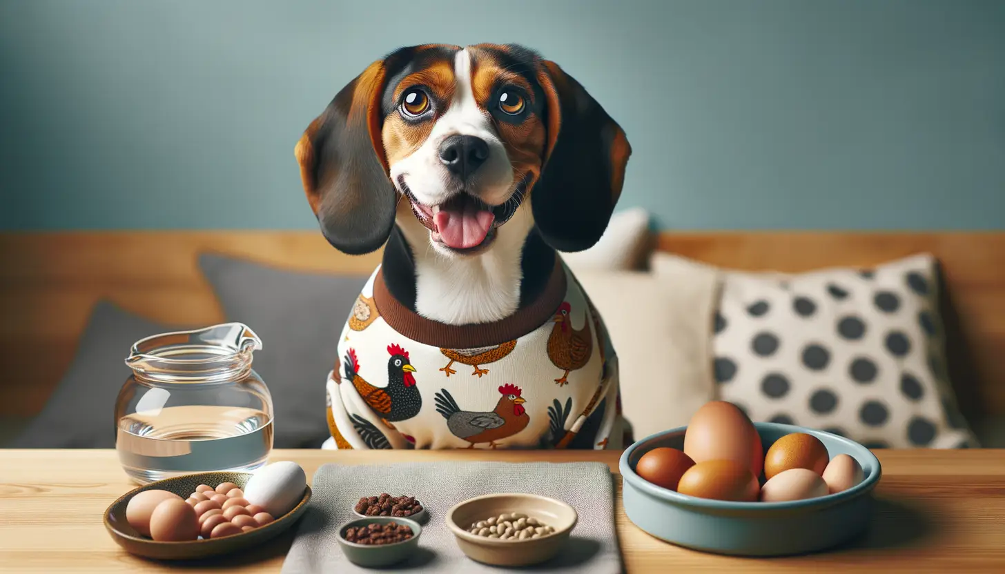 A dog with a happy expression looking at poultry, highlighting healthy food for dogs.