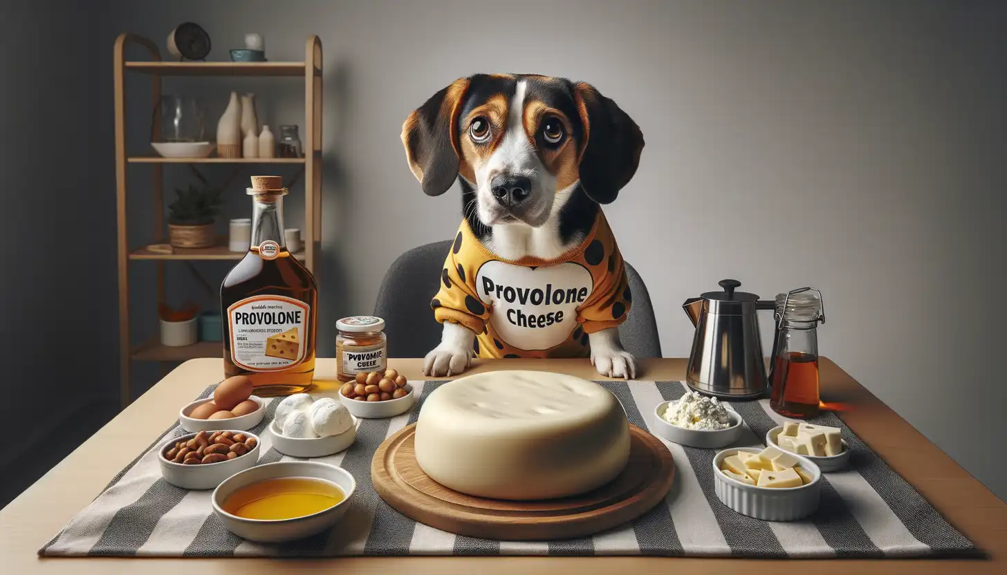 A dog with a wary expression looking at provolone cheese, showing they are harmful to dogs.