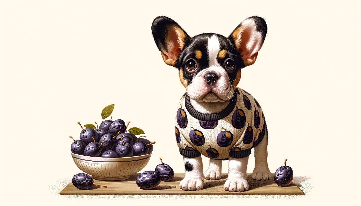 A dog with a wary expression looking at prunes, showing they are harmful to dogs.