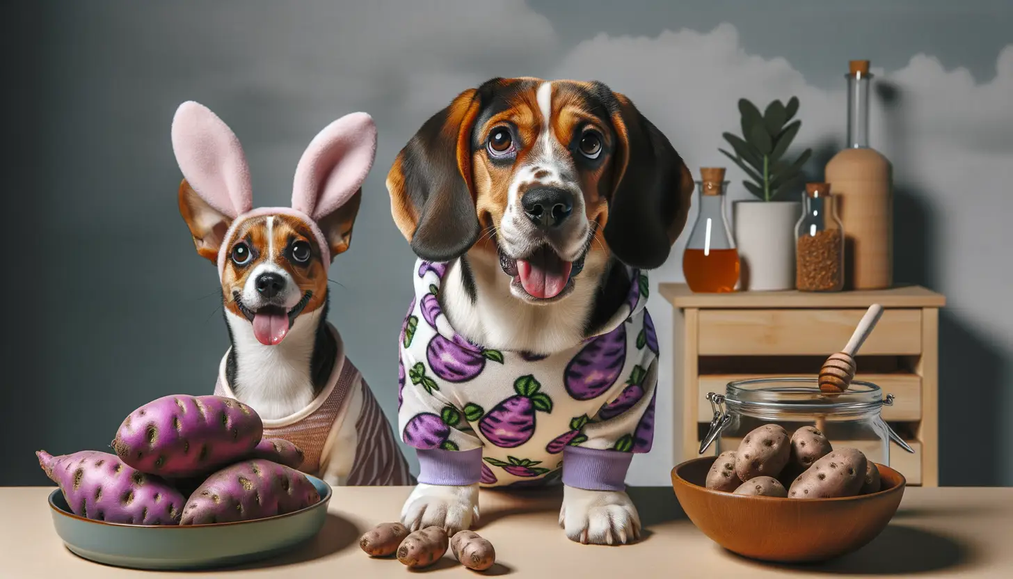 A dog with an excited expression looking at purple sweet potato, showcasing a superfood for dogs.