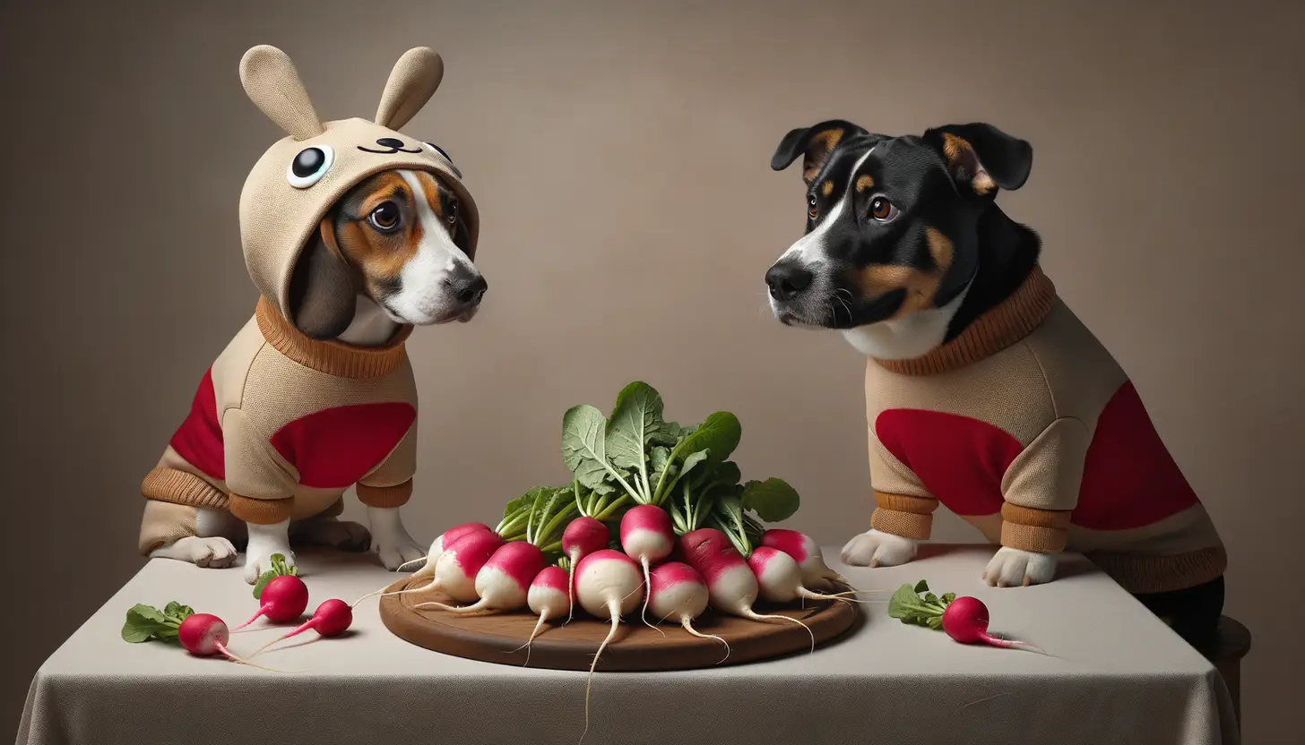 A dog with a curious expression looking at radish, indicating moderate safety for dogs.