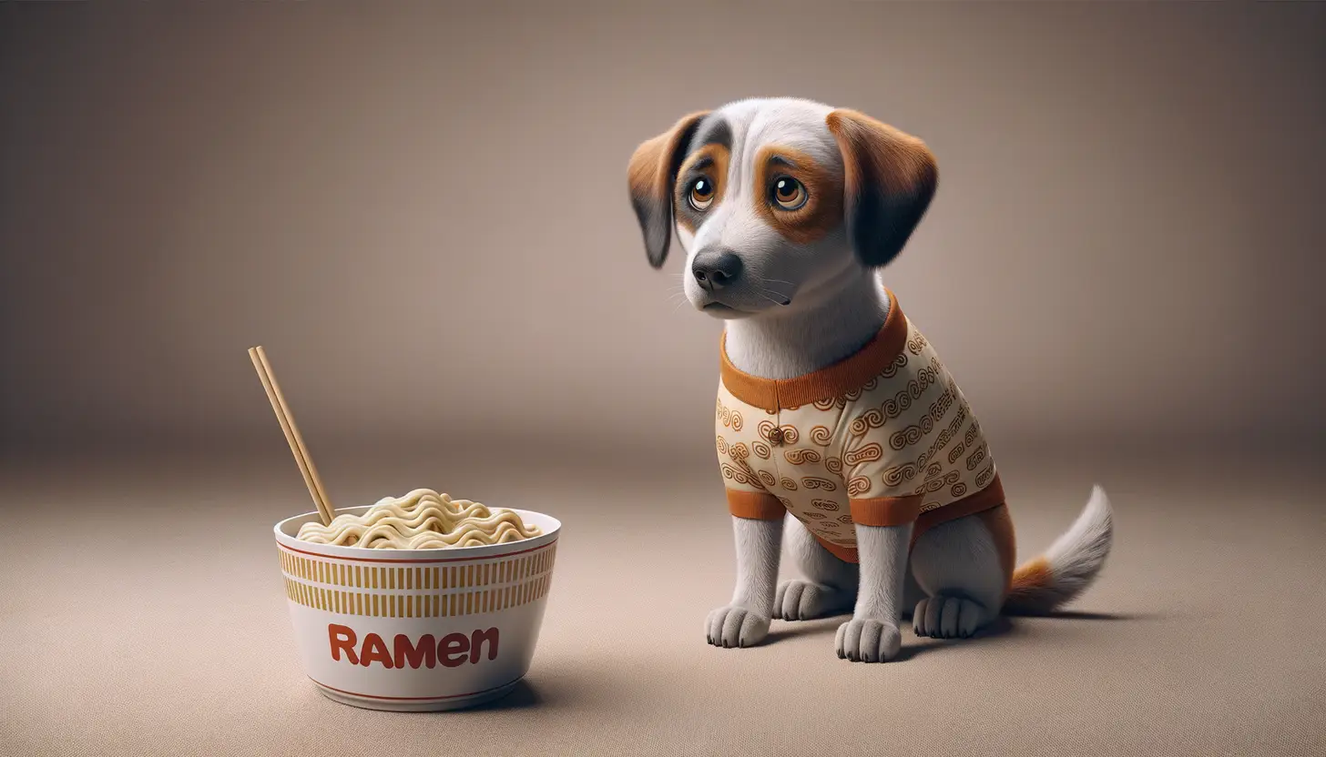 A dog with a wary expression looking at ramen, showing they are harmful to dogs.