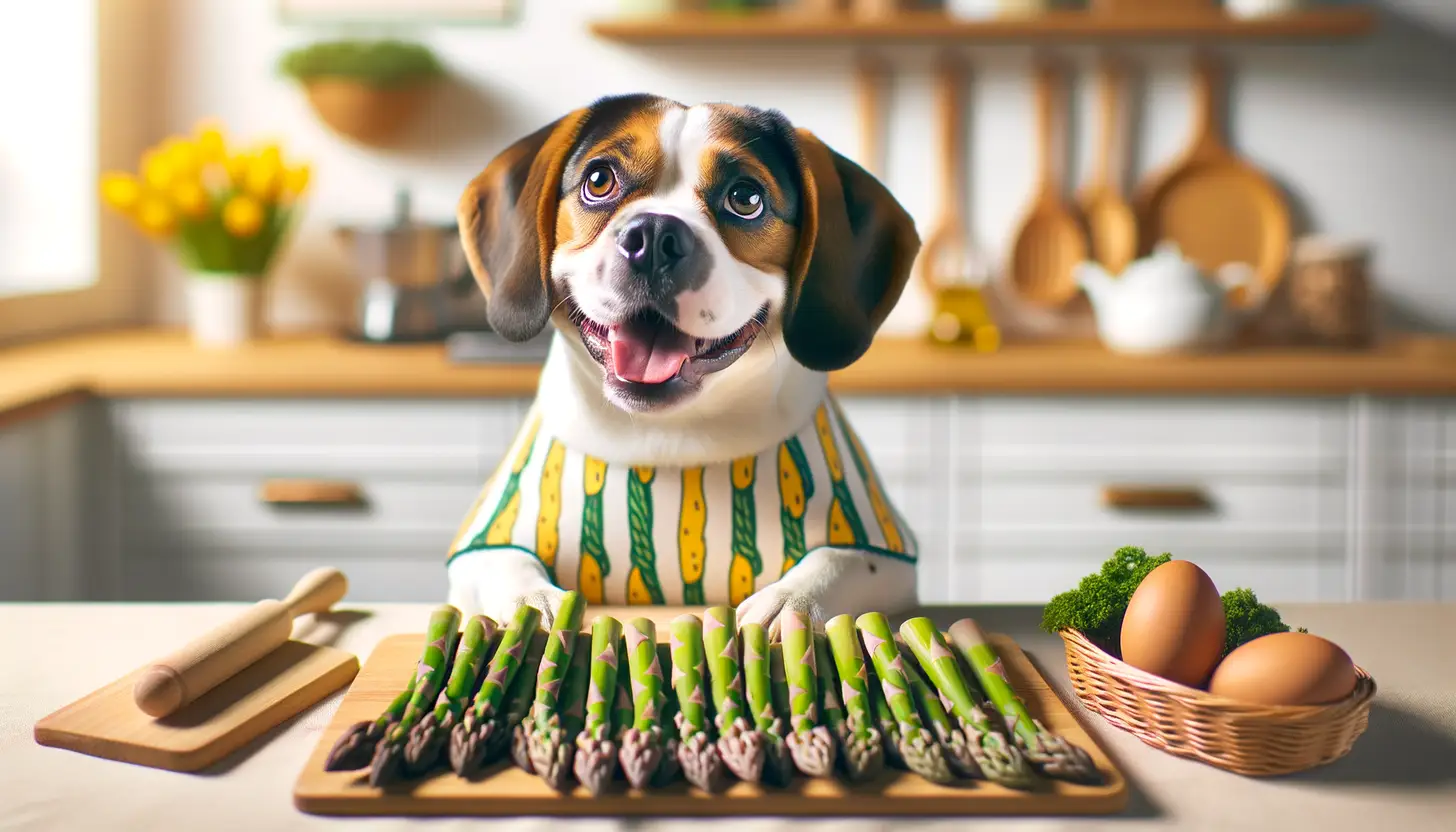 A dog with a happy expression looking at raw asparagus, highlighting healthy food for dogs.