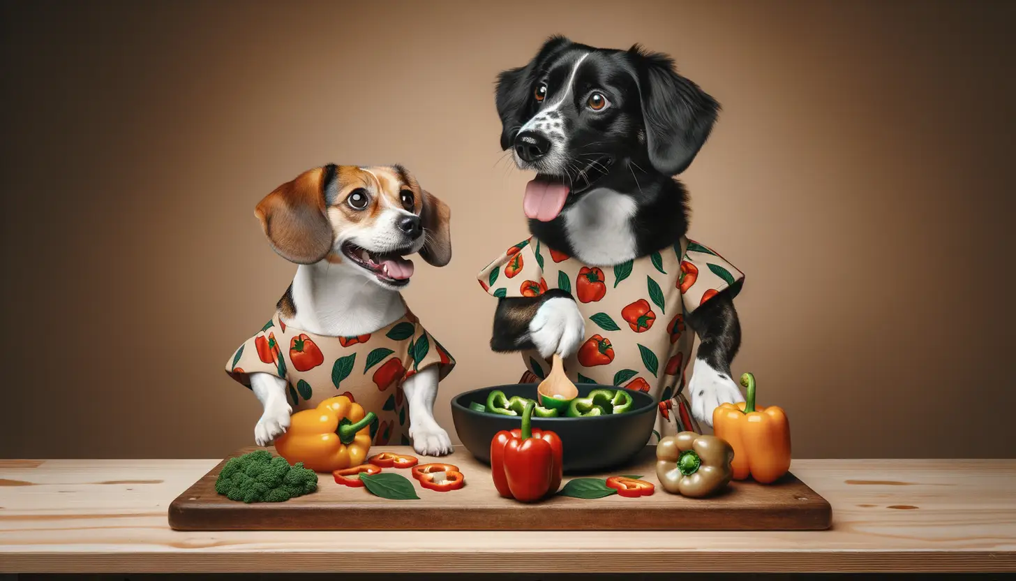 A dog with an excited expression looking at raw bell peppers, showcasing a superfood for dogs.