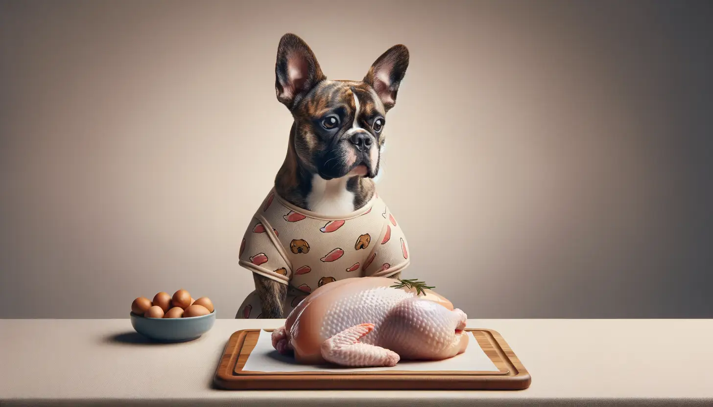 A dog with a curious expression looking at raw chicken breast, indicating moderate safety for dogs.