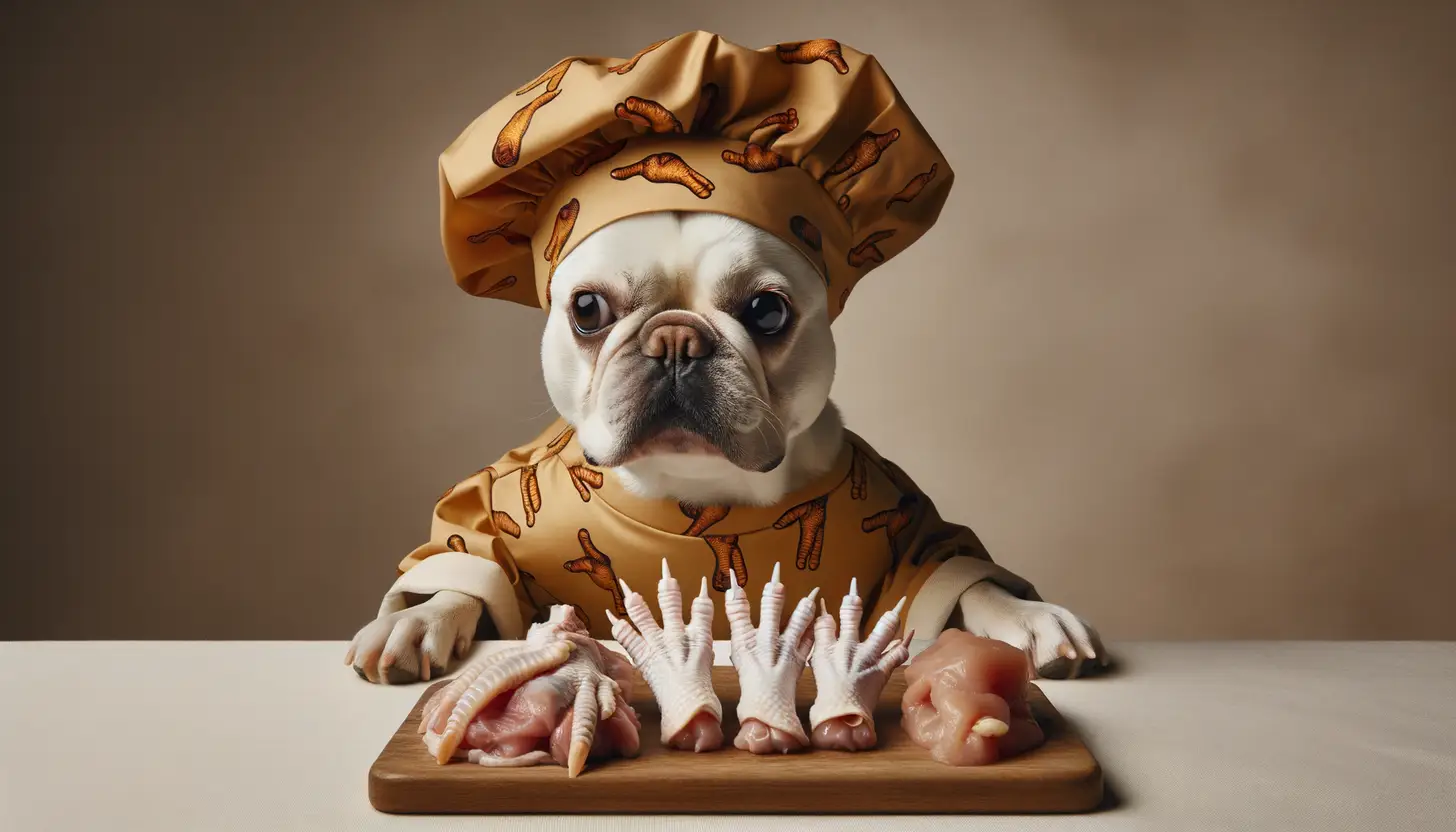 A dog with a curious expression looking at raw chicken feet, indicating moderate safety for dogs.