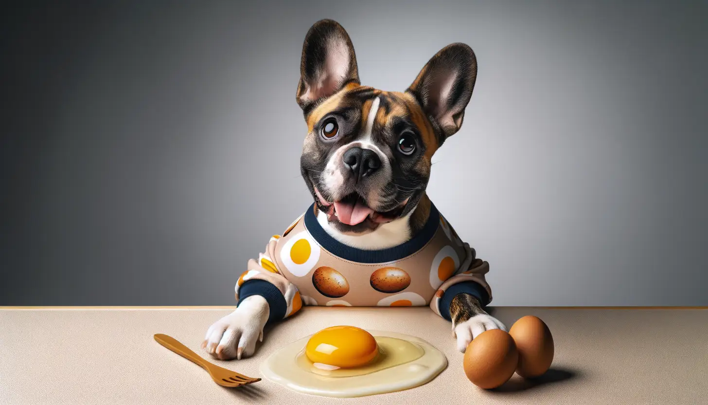 A dog with a happy expression looking at raw egg, highlighting healthy food for dogs.