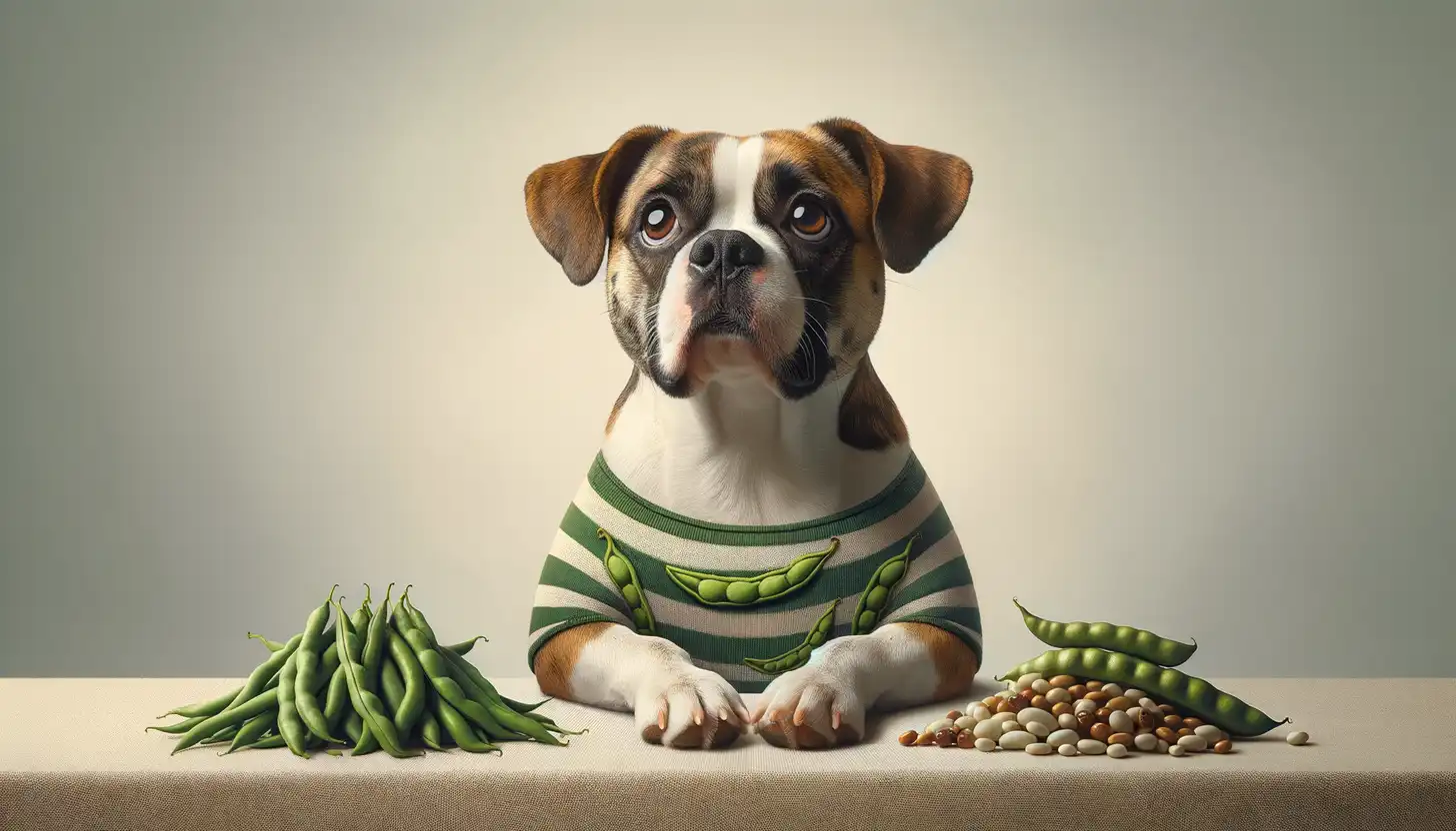 A dog with an excited expression looking at raw green beans, showcasing a superfood for dogs.