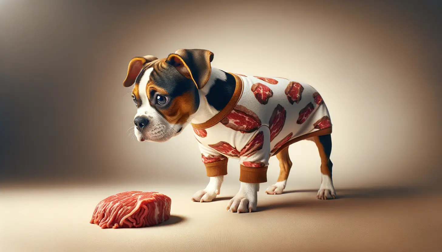 A dog with a curious expression looking at raw ground beef, indicating moderate safety for dogs.