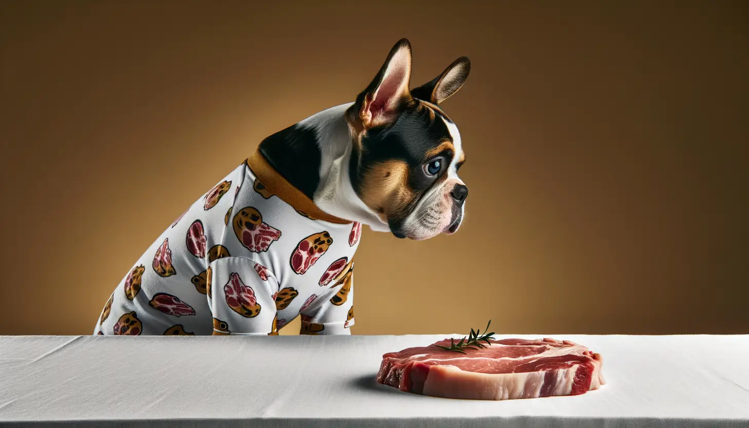 A dog with a wary expression looking at raw pork, showing they are harmful to dogs.