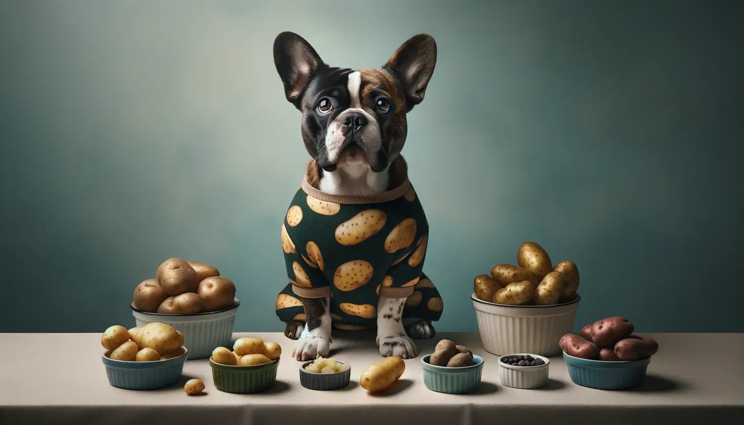 A dog with a wary expression looking at raw potatoes, showing they are harmful to dogs.