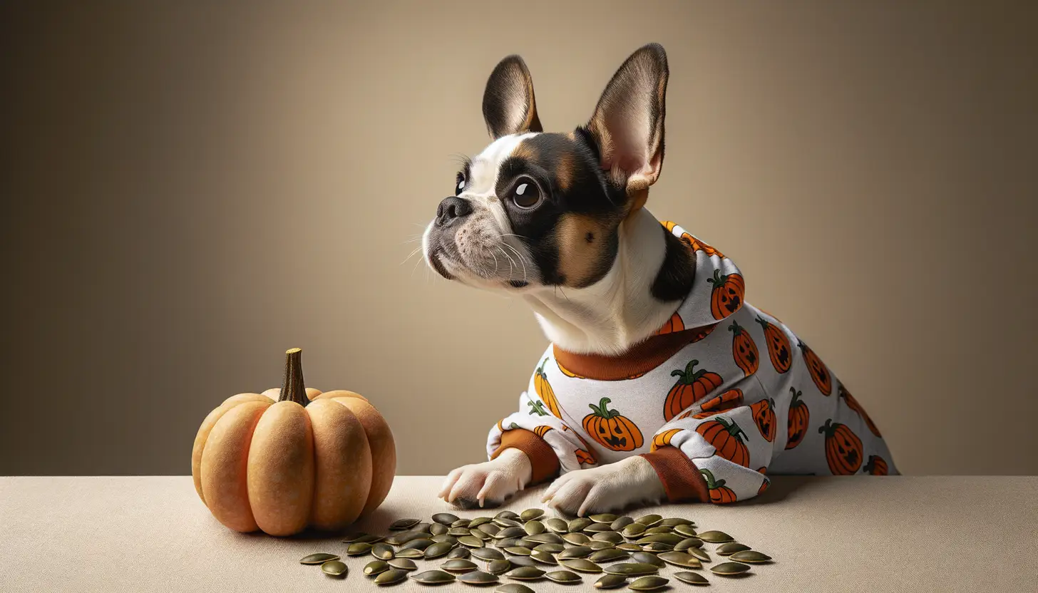 A dog with an unsure expression looking at raw pumpkin seeds, indicating caution for dog consumption.