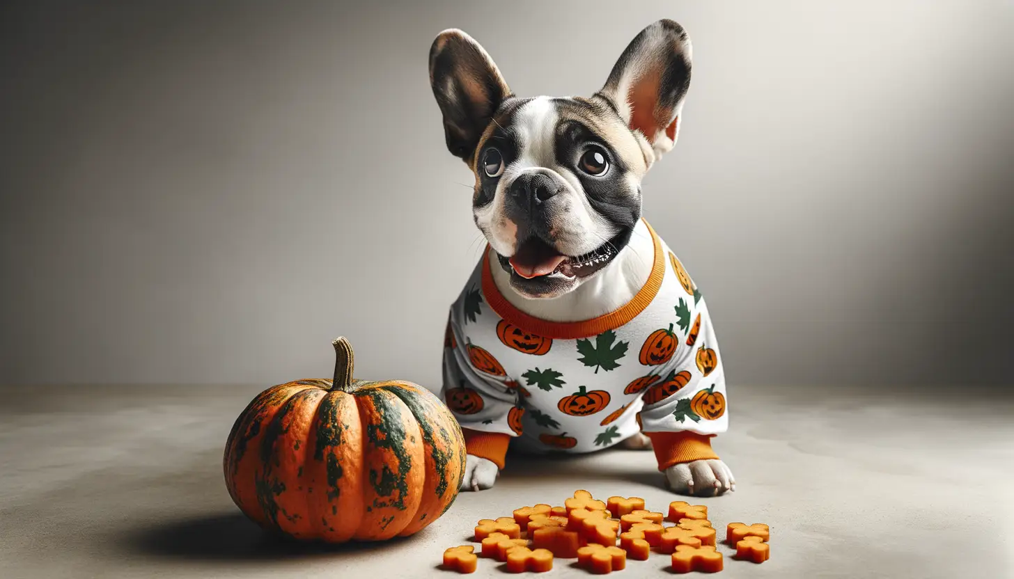 A dog with an excited expression looking at raw pumpkin, showcasing a superfood for dogs.