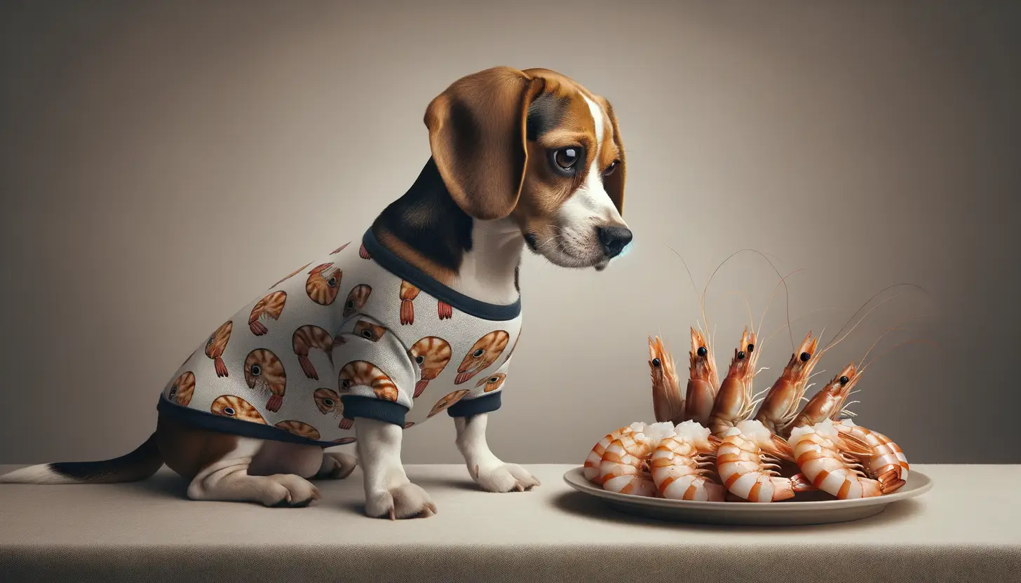 A dog with a curious expression looking at raw shrimp, indicating moderate safety for dogs.