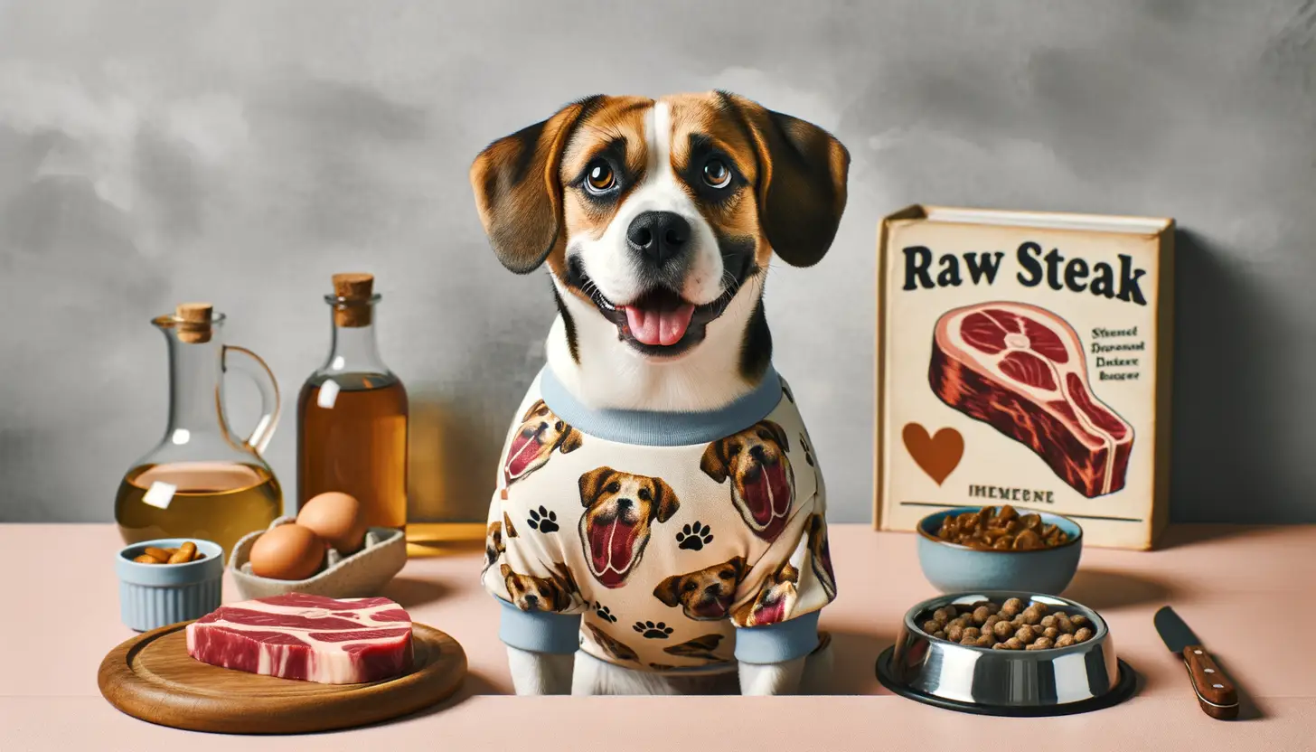 A dog with a happy expression looking at raw steak, highlighting healthy food for dogs.