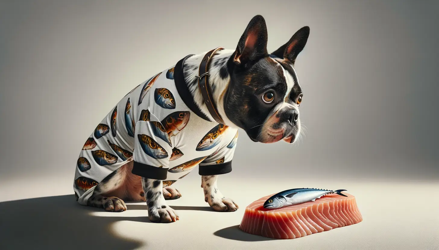 A dog with an unsure expression looking at raw tuna, indicating caution for dog consumption.