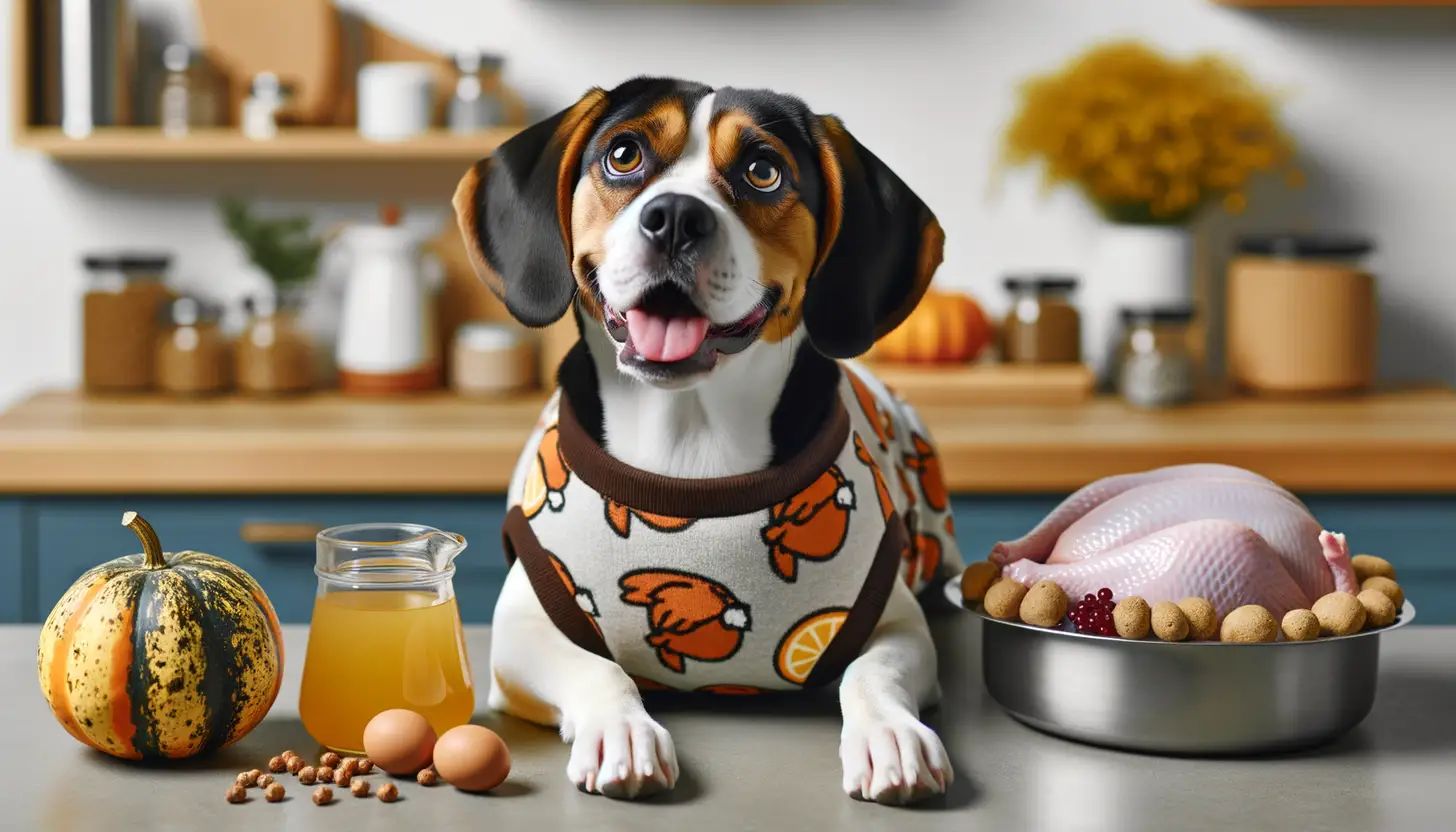 A dog with a happy expression looking at raw turkey, highlighting healthy food for dogs.