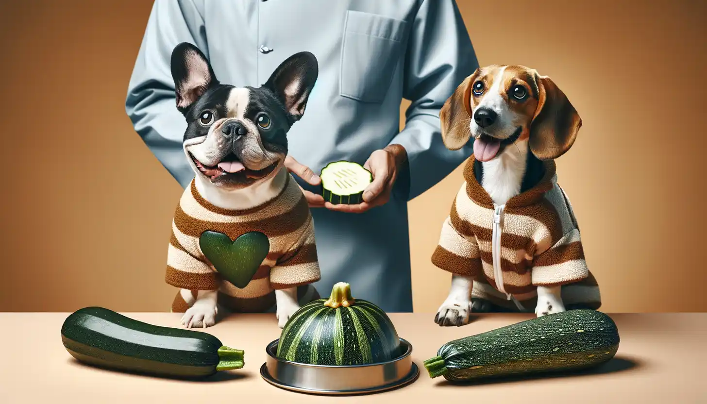 A dog with a happy expression looking at raw zucchini, highlighting healthy food for dogs.