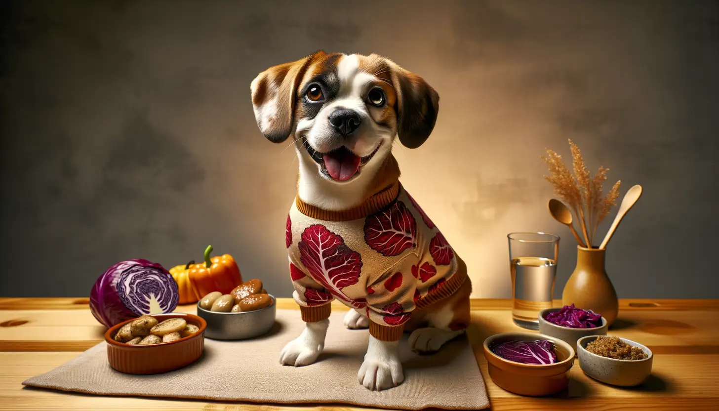 A dog with a happy expression looking at red cabbage, highlighting healthy food for dogs.