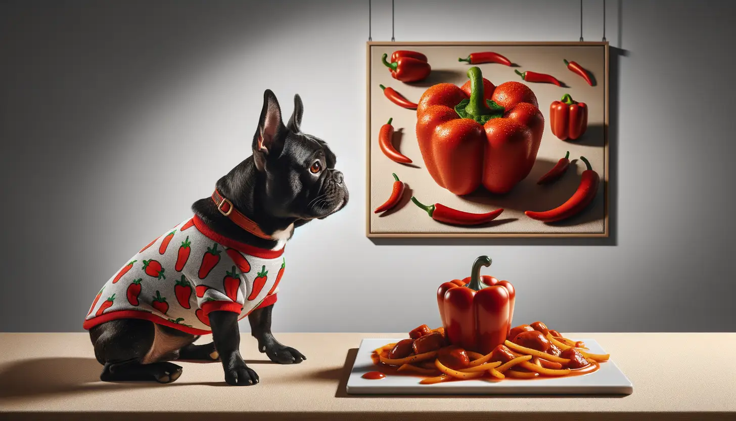 A dog with a happy expression looking at red peppers, highlighting healthy food for dogs.