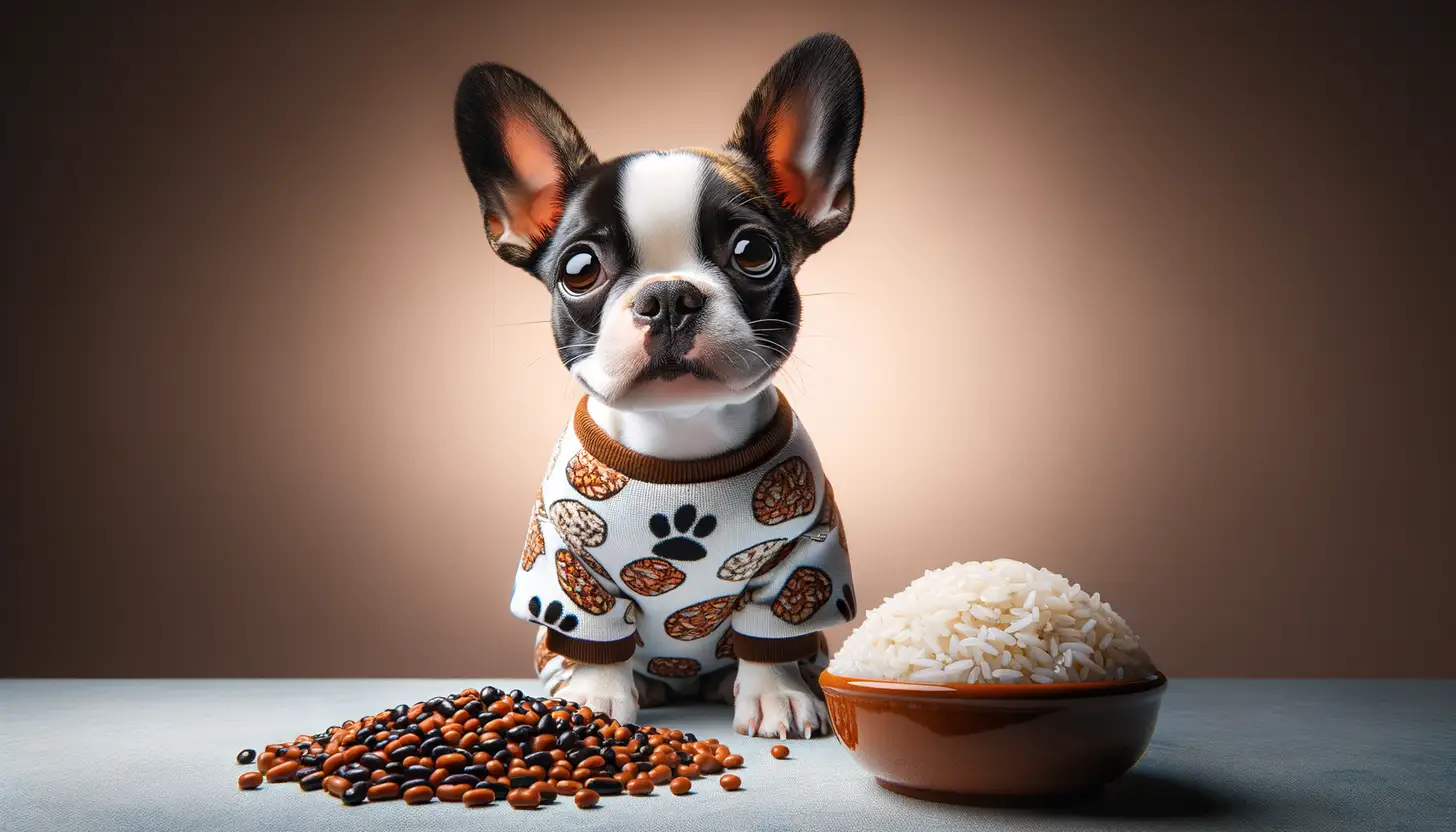 A dog with a curious expression looking at rice and beans, indicating moderate safety for dogs.