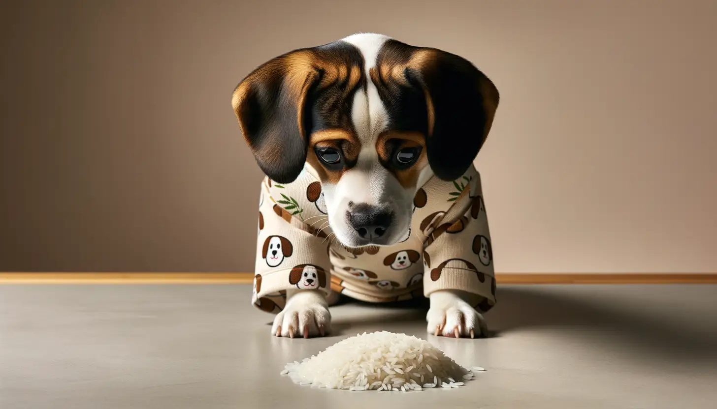 A dog with a curious expression looking at rice, indicating moderate safety for dogs.