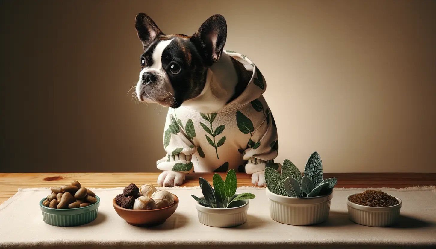 A dog with an unsure expression looking at sage, indicating caution for dog consumption.