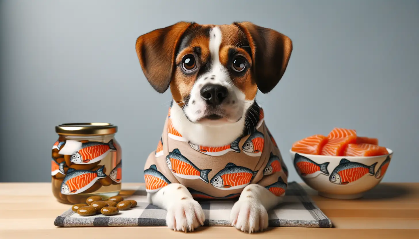 A dog with an unsure expression looking at salmon skin, indicating caution for dog consumption.