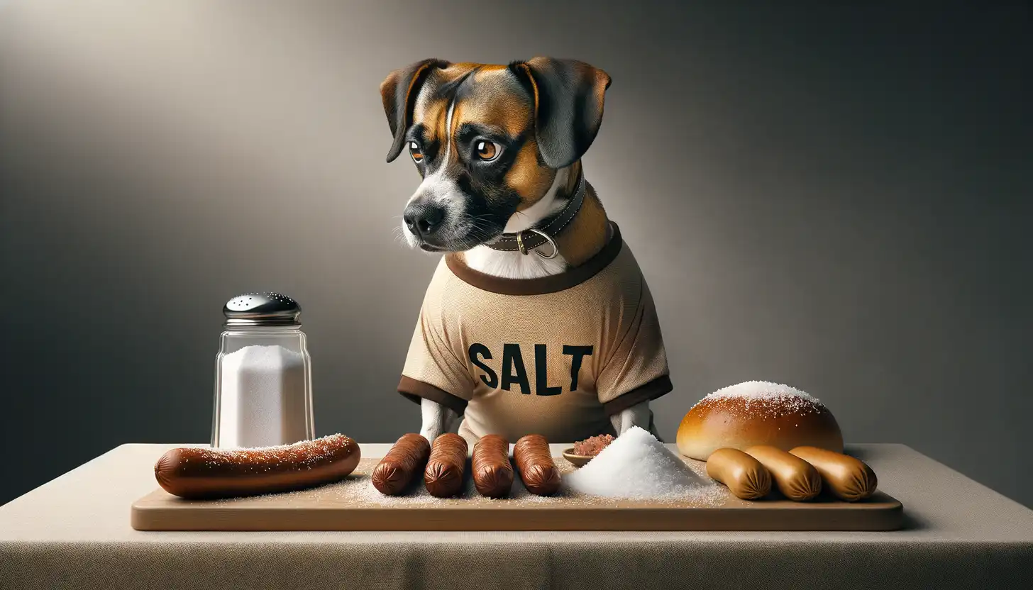 A dog with a curious expression looking at salt, indicating moderate safety for dogs.