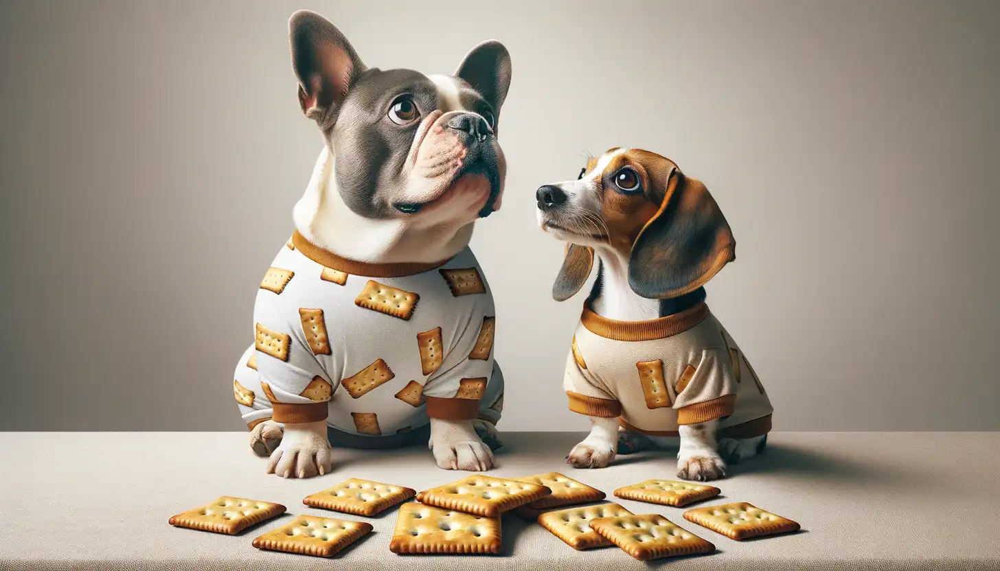 A dog with a curious expression looking at saltine crackers, indicating moderate safety for dogs.