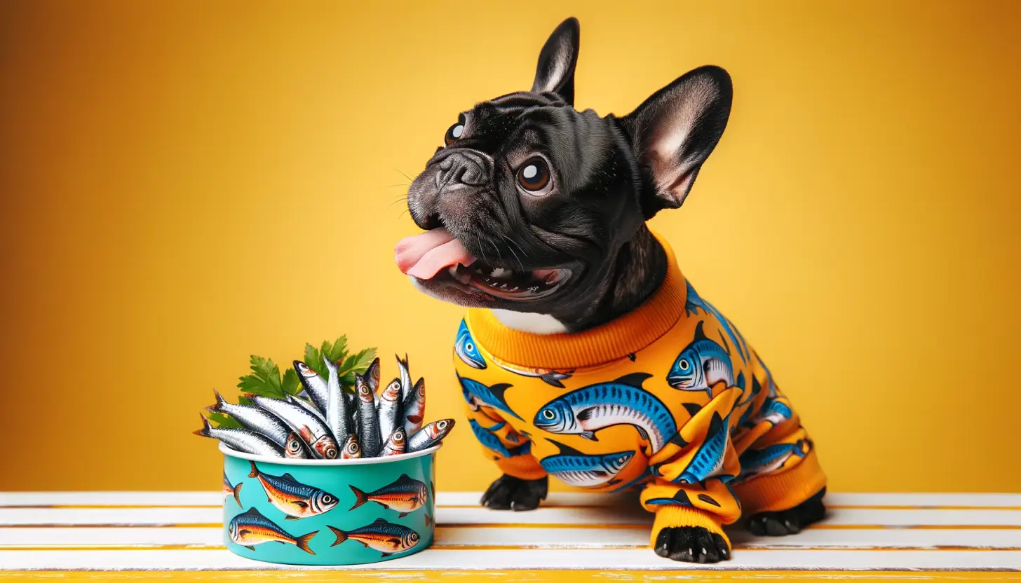 A dog with an excited expression looking at sardines, showcasing a superfood for dogs.