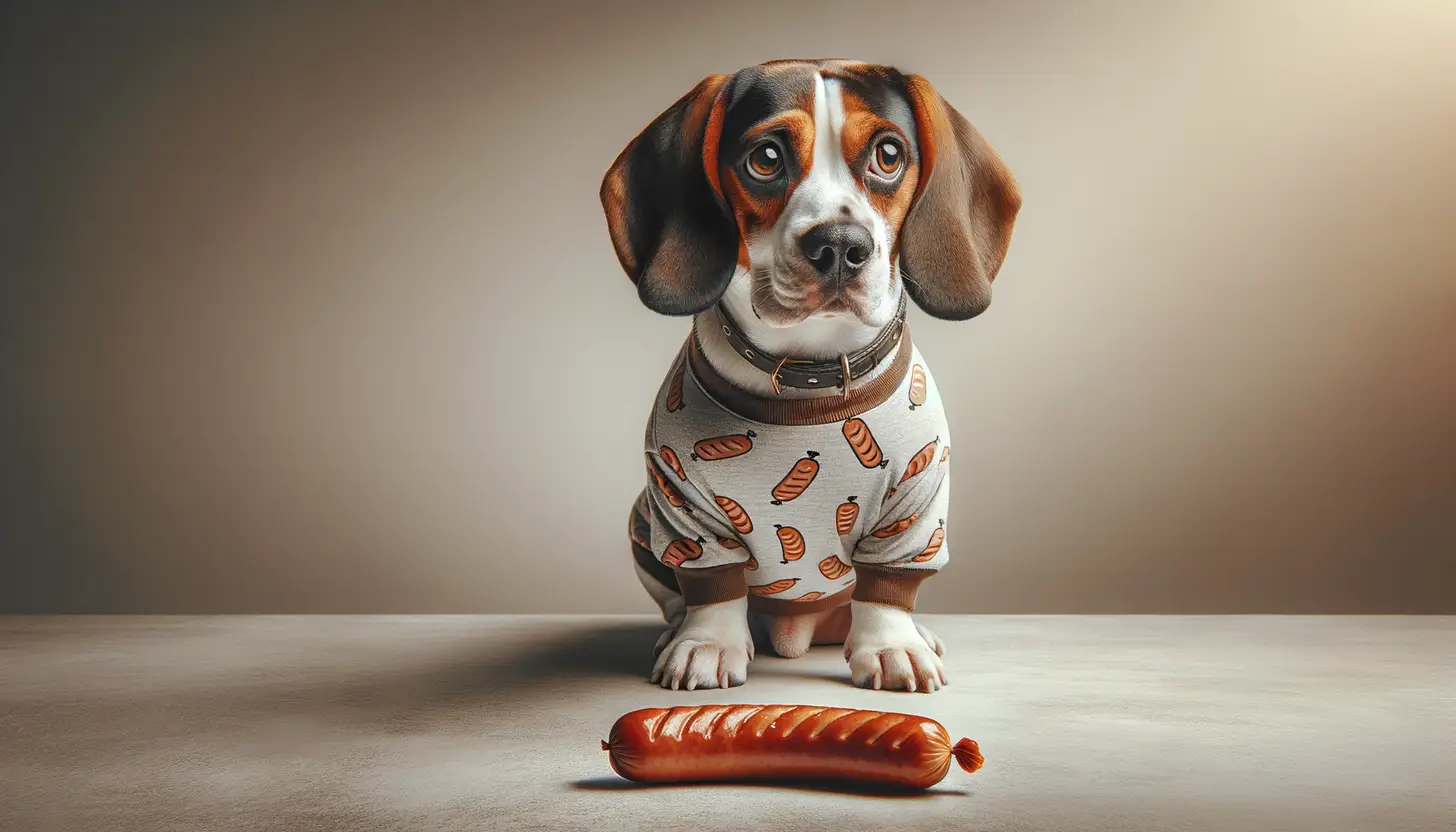 A dog with a wary expression looking at sausage, showing they are harmful to dogs.