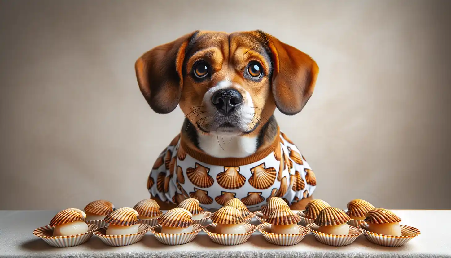 A dog with a happy expression looking at scallops, highlighting healthy food for dogs.