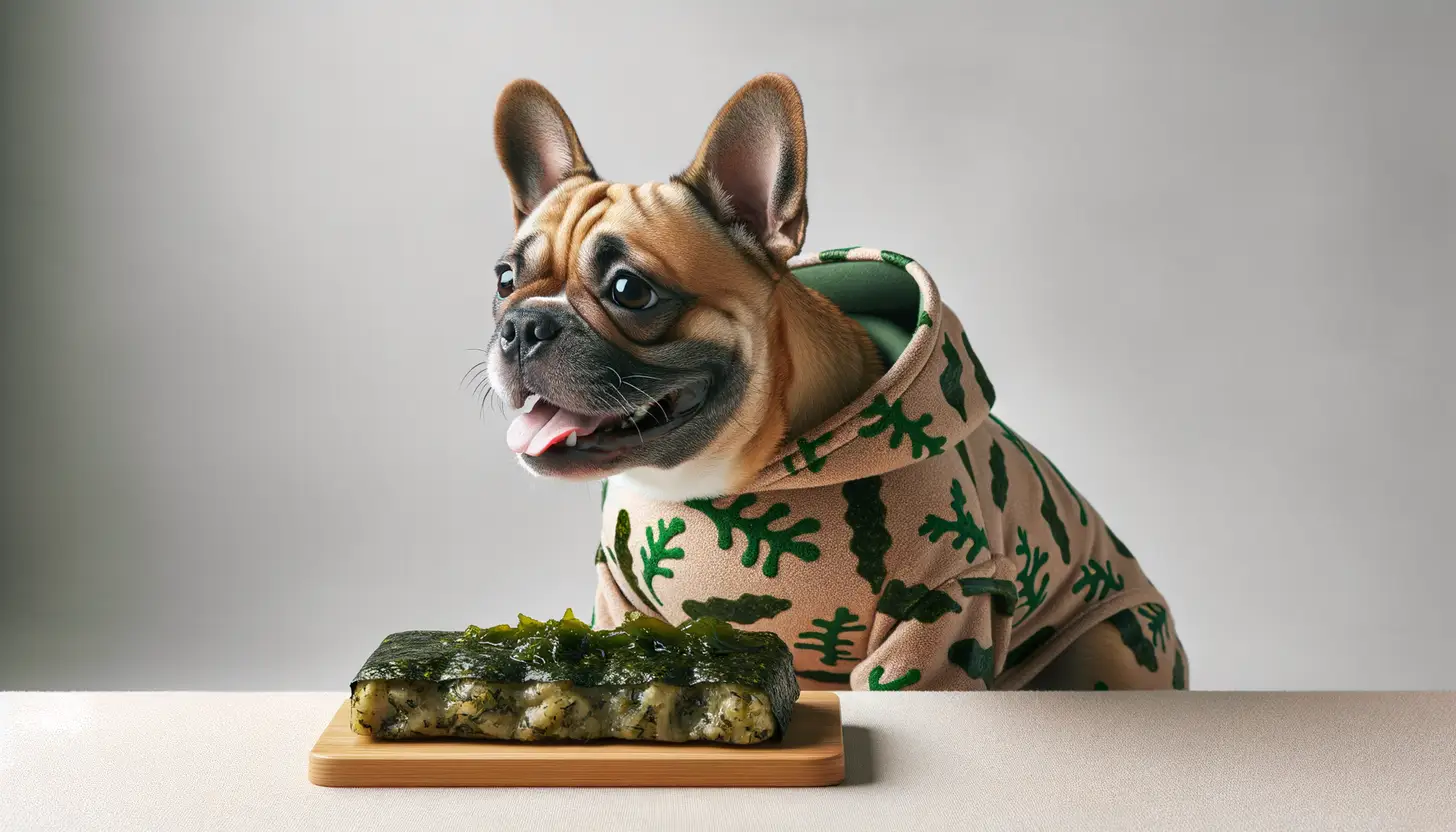 A dog with a happy expression looking at seaweed, highlighting healthy food for dogs.