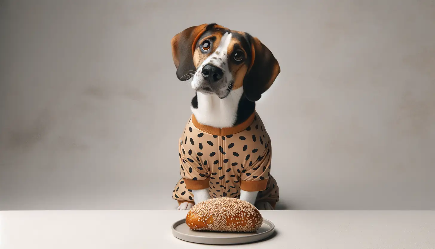 A dog with a curious expression looking at sesame seeds, indicating moderate safety for dogs.