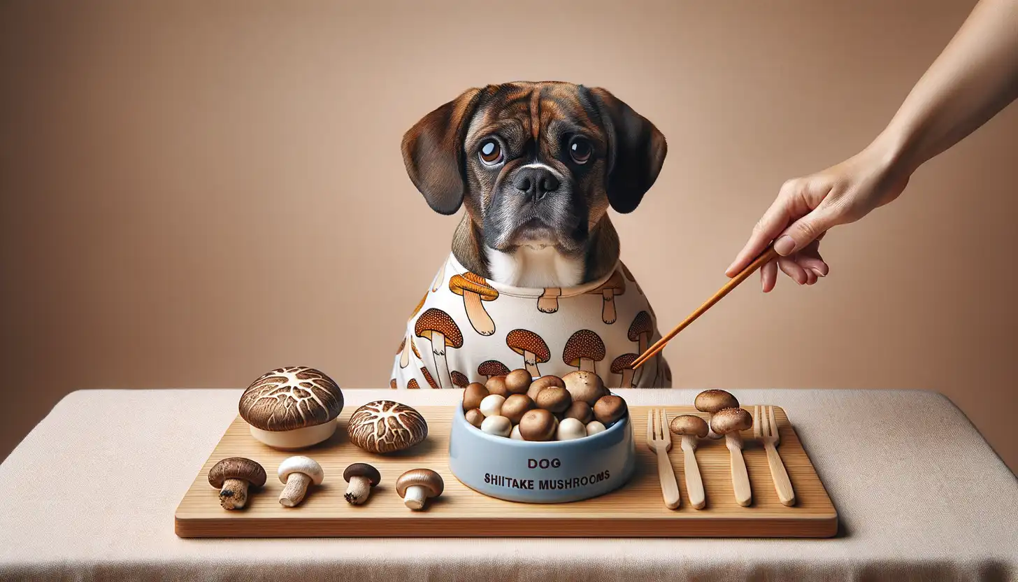 A dog with a curious expression looking at shiitake mushrooms, indicating moderate safety for dogs.