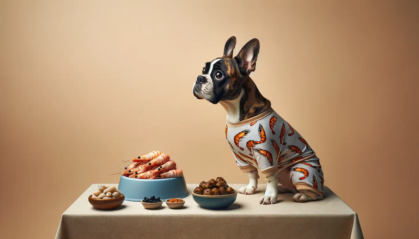 A dog with an unsure expression looking at shrimp shells, indicating caution for dog consumption.