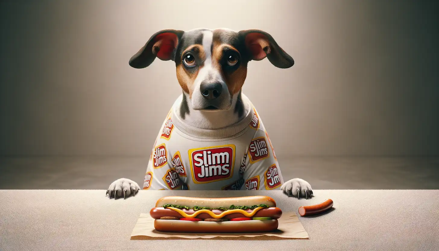 A dog with a wary expression looking at slim jims, showing they are harmful to dogs.